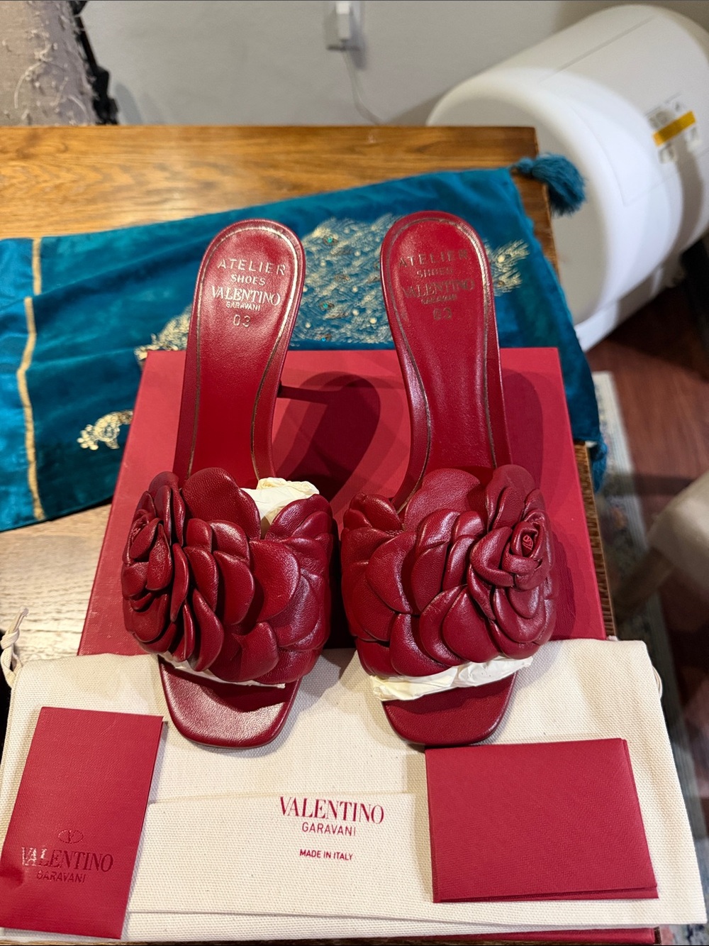 Valentino Garavani Burgundy Leather Camellia Slide Mules